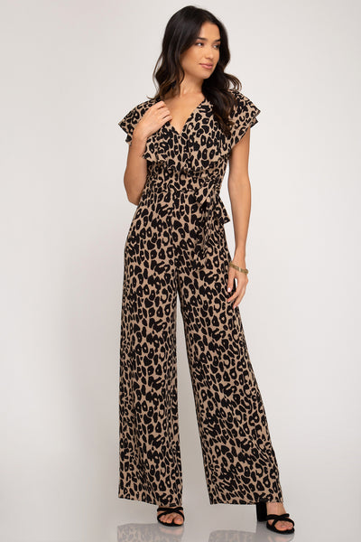 Amanda Ruffled Sleeve Leopard Print Jumpsuit - Corinne an Affordable Women's Clothing Boutique in the US USA
