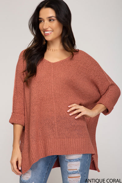 Leighanna 3/4 Sleeve Hi Low Cuffed Sweater - Corinne an Affordable Women's Clothing Boutique in the US USA