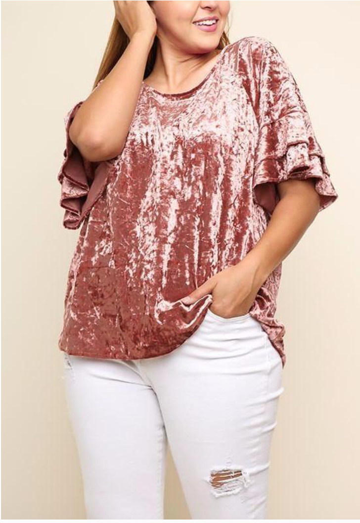 Velvet  Ruffled Sleeve Top - Corinne Boutique Family Owned and Operated USA