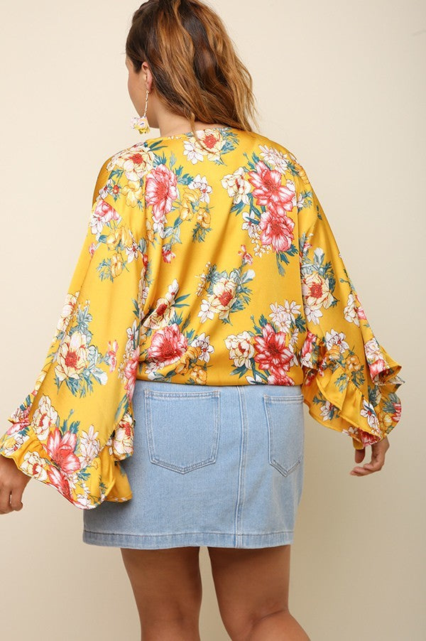 Lillie Ruffle Sleeve Floral Kimono PLUS - Corinne an Affordable Women's Clothing Boutique in the US USA