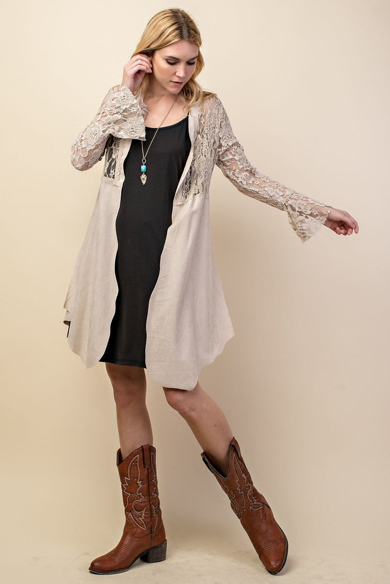 Carolyn Suede Cardigan with Lace Sleeves - Corinne an Affordable Women's Clothing Boutique in the US USA