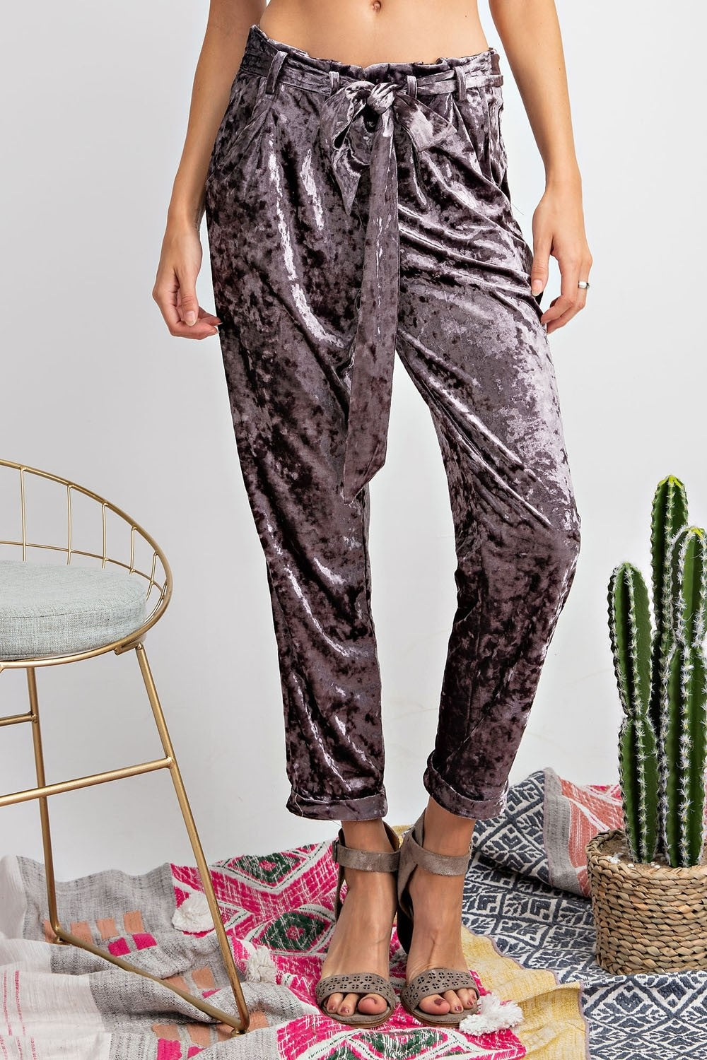 Frann Elastic Waist Velvet Ankle Pants - Corinne an Affordable Women's Clothing Boutique in the US USA
