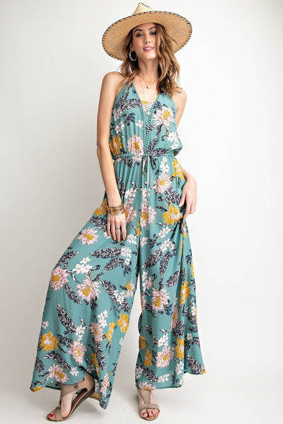 Gemma Teal Floral Wide Leg Jumpsuit - Corinne an Affordable Women's Clothing Boutique in the US USA