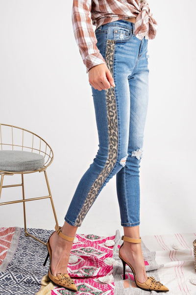 Janna Washed Denim Jeans with Leopard Trim - Corinne an Affordable Women's Clothing Boutique in the US USA