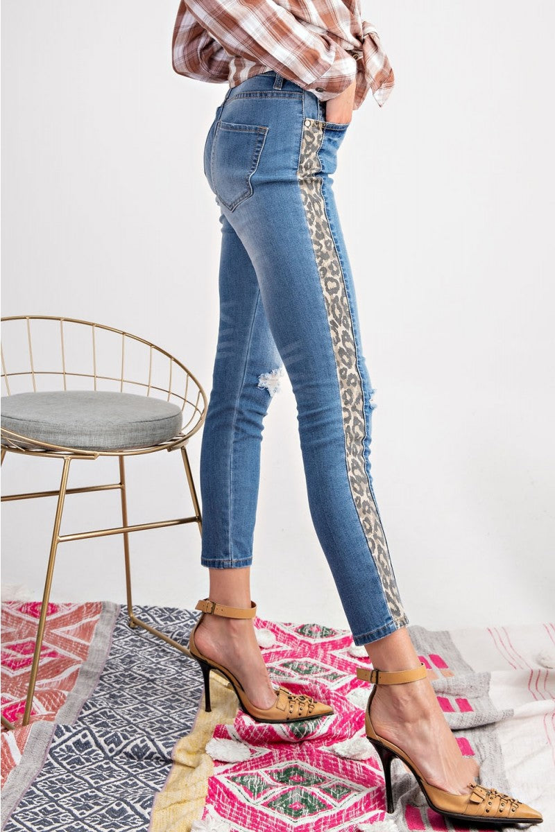 Janna Washed Denim Jeans with Leopard Trim Corinne