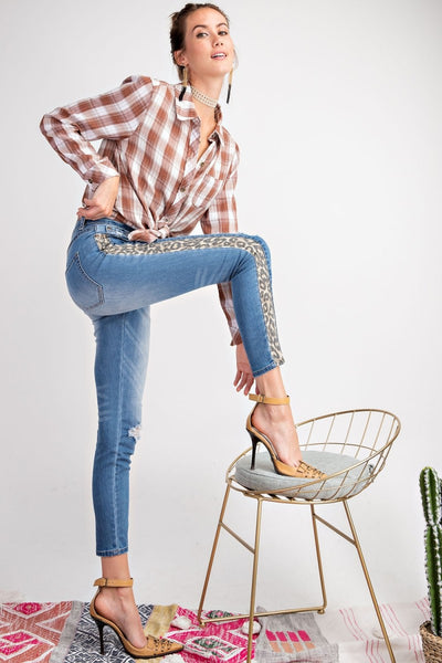Janna Washed Denim Jeans with Leopard Trim - Corinne an Affordable Women's Clothing Boutique in the US USA