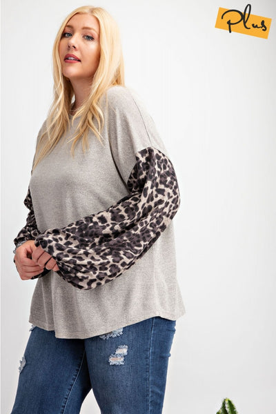 Delilah Animal Print Sleeve Hacci Knit Top (PLUS) - Corinne an Affordable Women's Clothing Boutique in the US USA