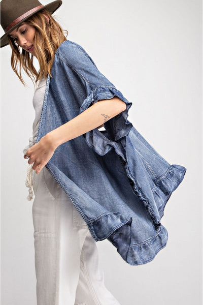 Josie Washed Ruffled Denim Cardigan - Corinne an Affordable Women's Clothing Boutique in the US USA