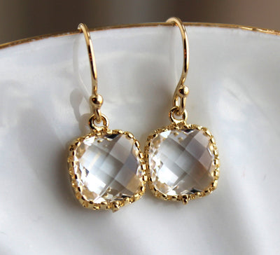 Gold and Square Crystal Earrings - Corinne an Affordable Women's Clothing Boutique in the US USA