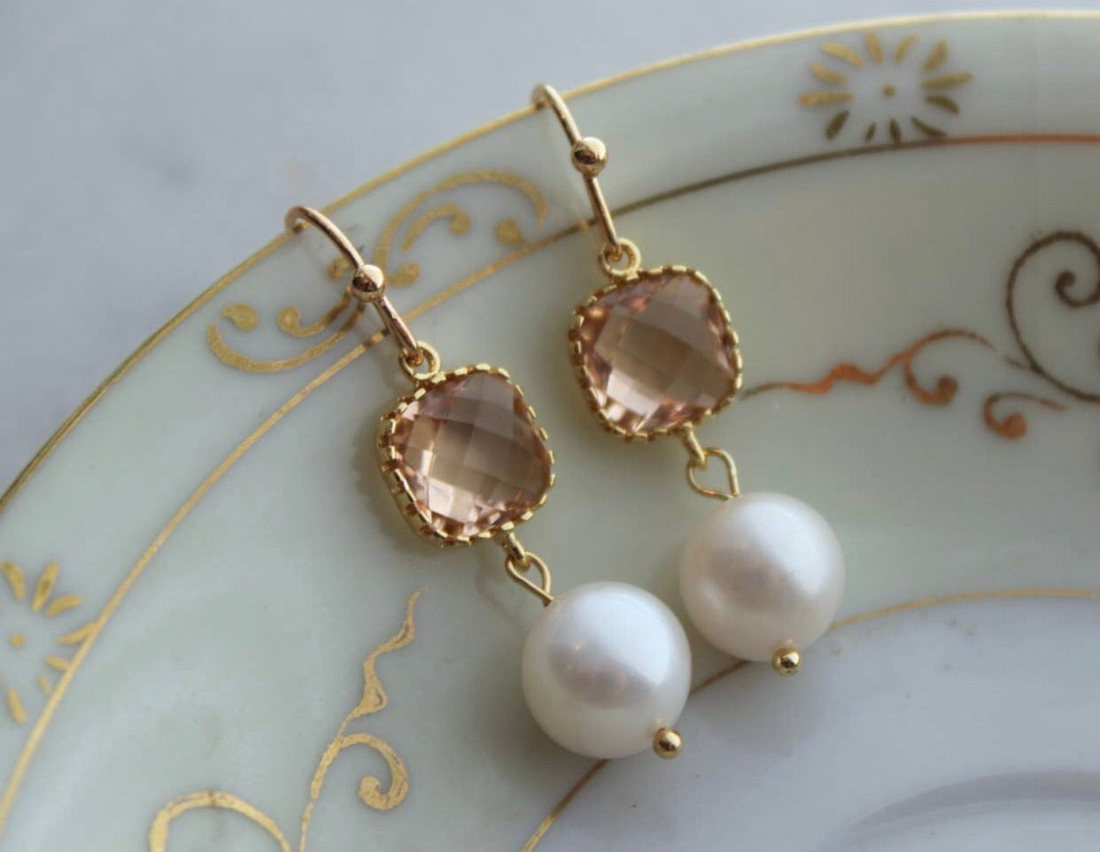 Gold Champagne Crystal and Pearl Earrings - Corinne Boutique Family Owned and Operated USA