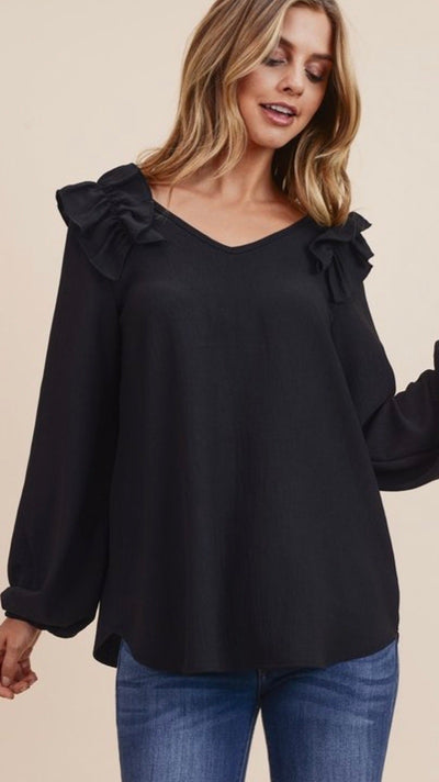 Traci V-neck Ruffle Shoulder Top - Corinne an Affordable Women's Clothing Boutique in the US USA