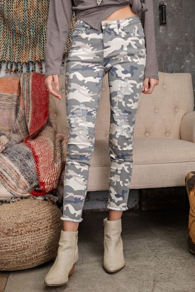 Taylor Distressed Camouflage Stretch Pants - Corinne Boutique Family Owned and Operated USA