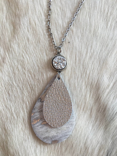 Leather Hair on Hide Silver Teardrop Necklace - Corinne Boutique Family Owned and Operated USA