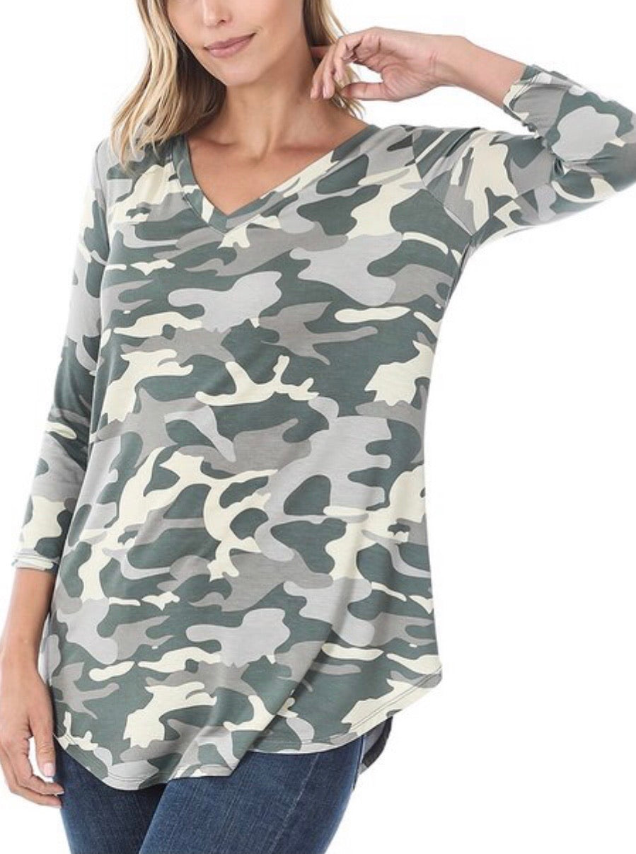 Sina Camo V-neck Top - Corinne Boutique Family Owned and Operated USA