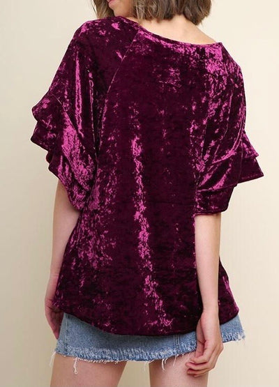 Velvet  Ruffled Sleeve Top - Corinne Boutique Family Owned and Operated USA