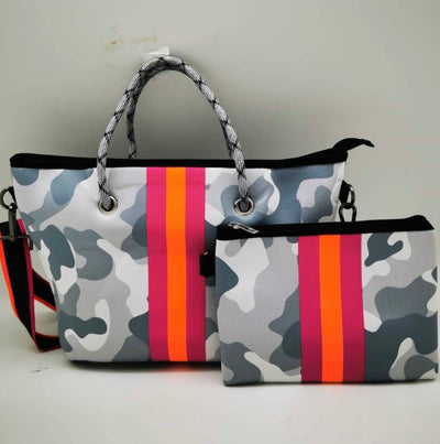 Grey Camo and Stripes Neoprene - Corinne Boutique Family Owned and Operated USA