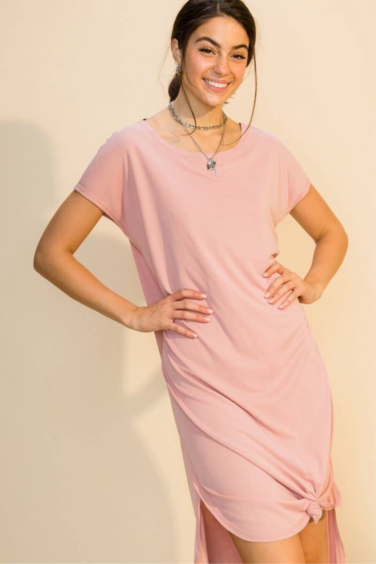 Victoria Drop Shoulder Dress with Curved Hemline - Corinne Boutique Family Owned and Operated USA