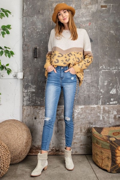 Janna Washed Denim Jeans with Leopard Trim - Corinne Boutique Family Owned and Operated USA