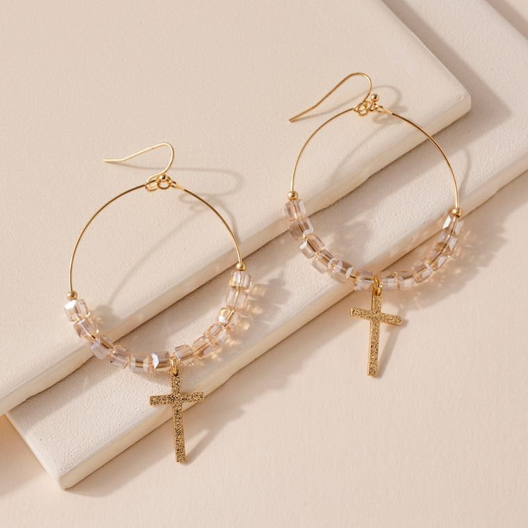 Champagne Beaded Cross Hoops - Corinne Boutique Family Owned and Operated USA
