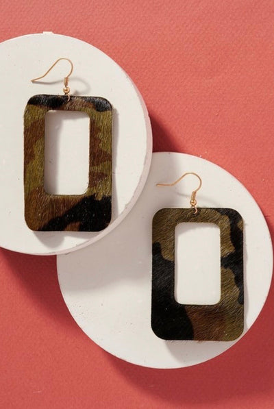 Camo Calf Hair Leather Earrings - Corinne Boutique Family Owned and Operated USA