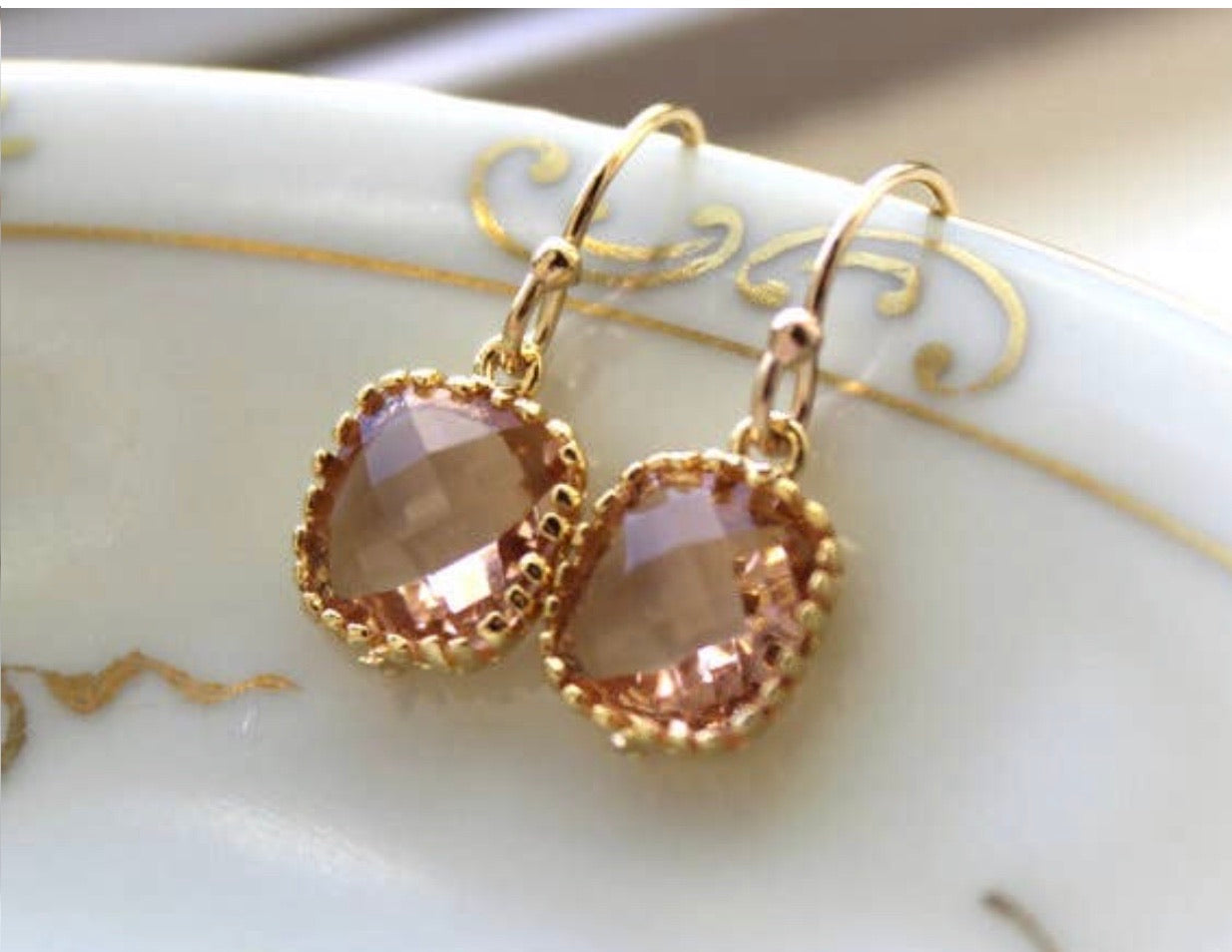 Gold and Crystal Square Champagne Earrings - Corinne Boutique Family Owned and Operated USA