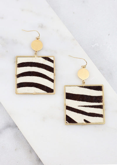 Remmi Square Animal Print Fish Hook Earring Zebra - Corinne an Affordable Women's Clothing Boutique in the US USA
