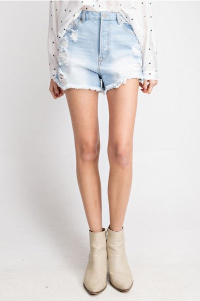 Alisa Distressed Light Wash Denim Shorts - Corinne an Affordable Women's Clothing Boutique in the US USA