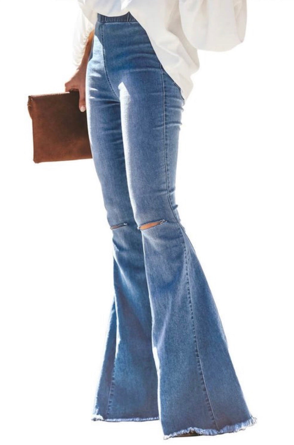Lola Distressed Medium Wash Bell Bottom Jeans - Corinne Boutique Family Owned and Operated USA