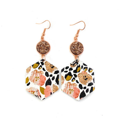 Rose Gold Druzy, Pansy & Leopard Earrings - Corinne an Affordable Women's Clothing Boutique in the US USA