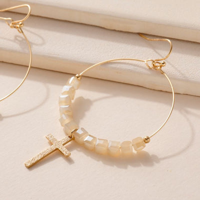 Ivory Beaded Cross Hoops - Corinne Boutique Family Owned and Operated USA