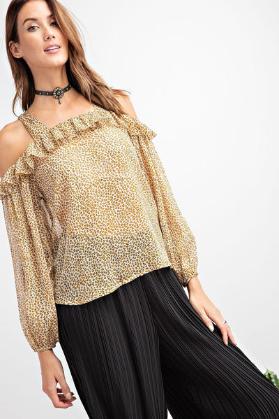 Daria Cold Shoulder Leopard Chiffon Blouse - Corinne Boutique Family Owned and Operated USA