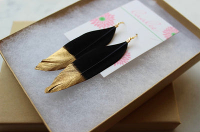 Gold Dipped Black Feather Earrings - Corinne Boutique Family Owned and Operated USA