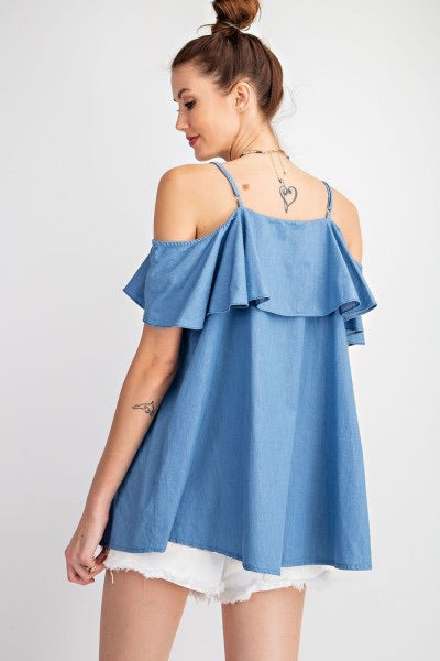Tiffany Off Shoulder Denim Ruffle Top - Corinne an Affordable Women's Clothing Boutique in the US USA