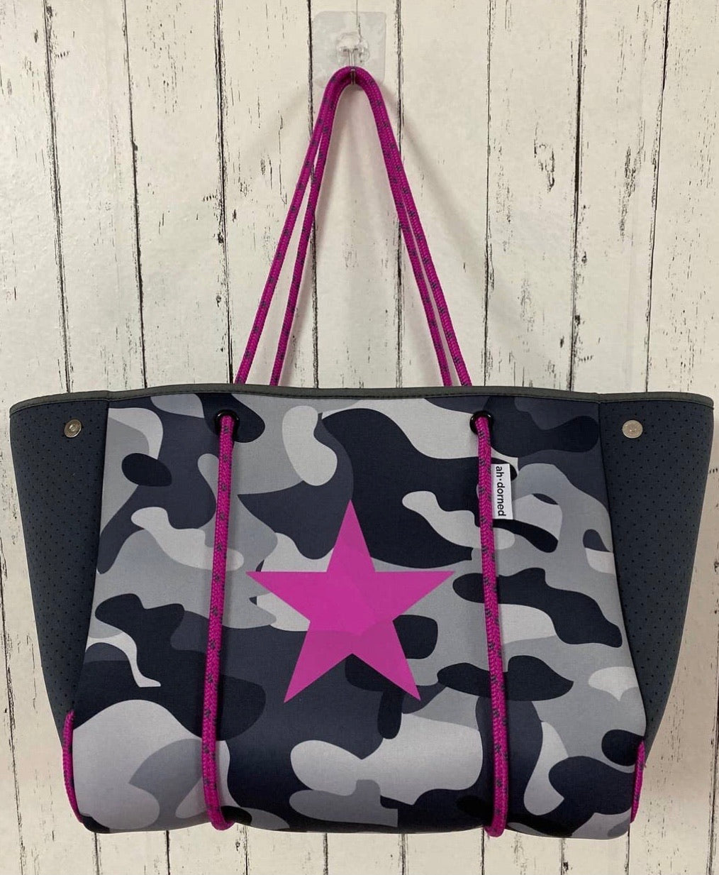 Grey Camo and Star Neoprene Tote - Corinne Boutique Family Owned and Operated USA