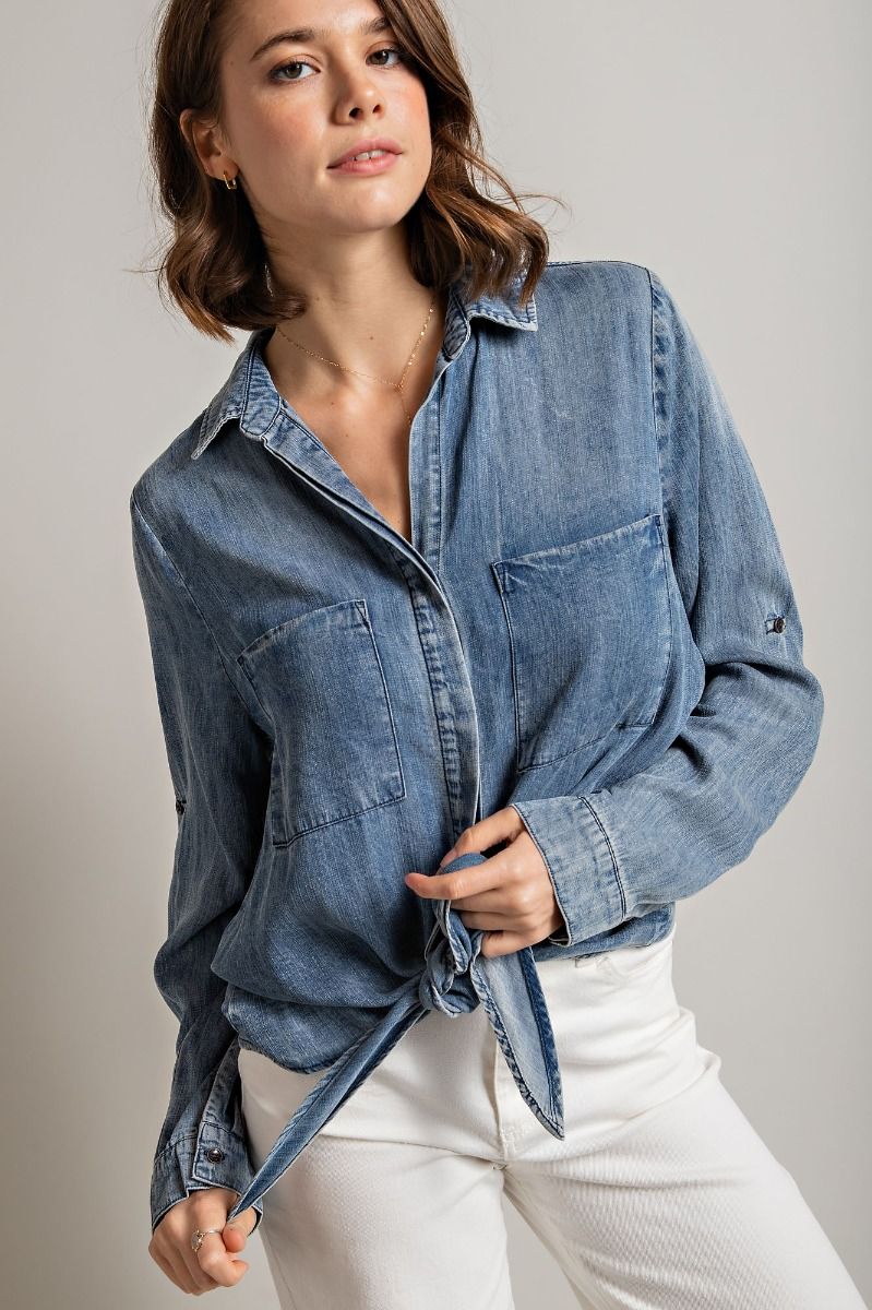 Cori Washed Denim Tencel Shirt - Corinne Boutique Family Owned and Operated USA