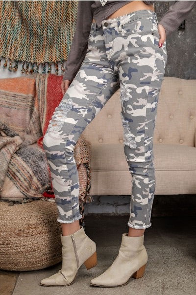Taylor Distressed Camouflage Stretch Pants - Corinne Boutique Family Owned and Operated USA
