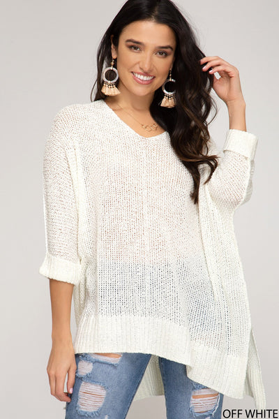 Leighanna 3/4 Sleeve Hi Low Cuffed Sweater - Corinne Boutique Family Owned and Operated USA