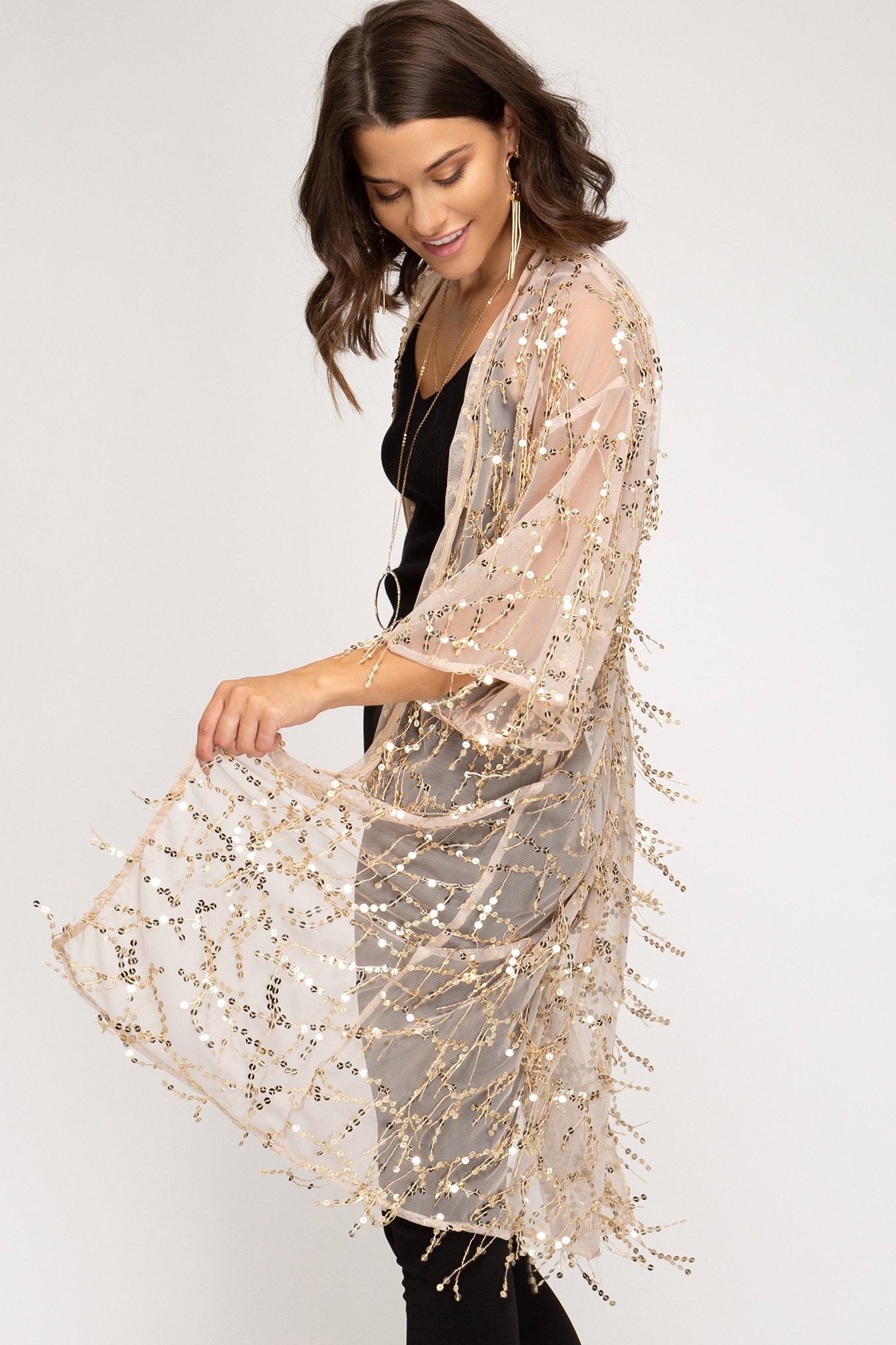 Brittney Kimono Sleeve Sequin Cardigan - Corinne Boutique Family Owned and Operated USA
