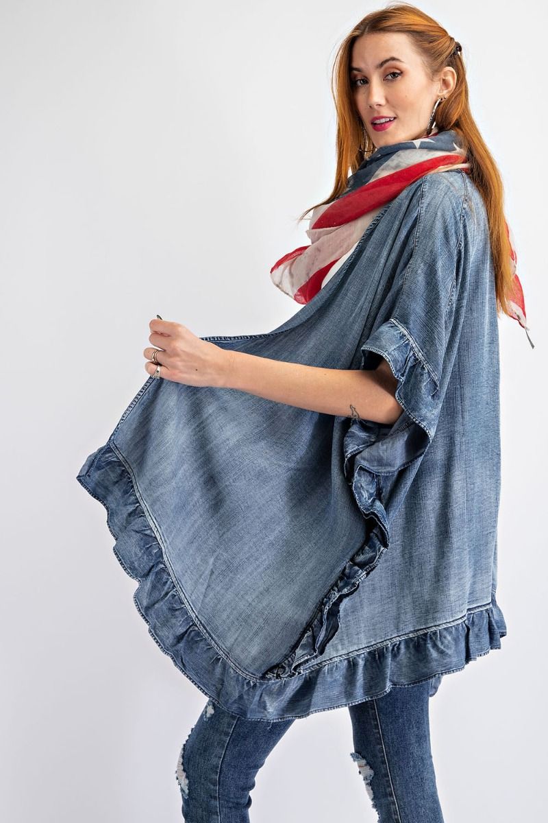 Josie Washed Ruffled Denim Cardigan - Corinne Boutique Family Owned and Operated USA