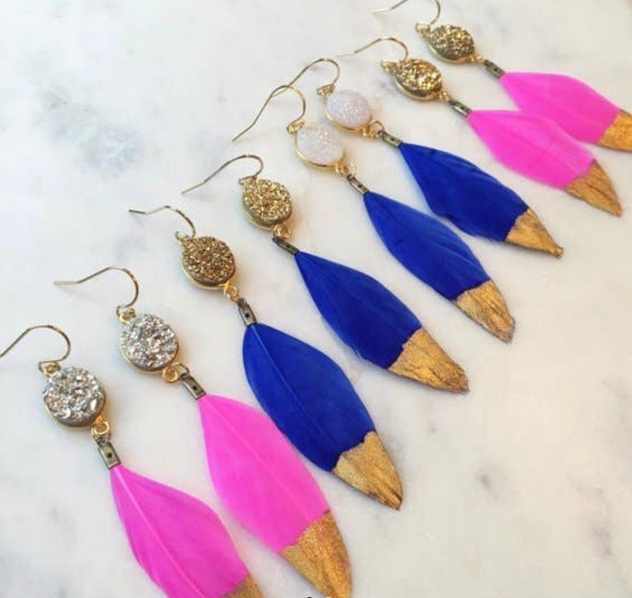 Gold Dipped Pink Feather and Druzy Earrings - Corinne Boutique Family Owned and Operated USA