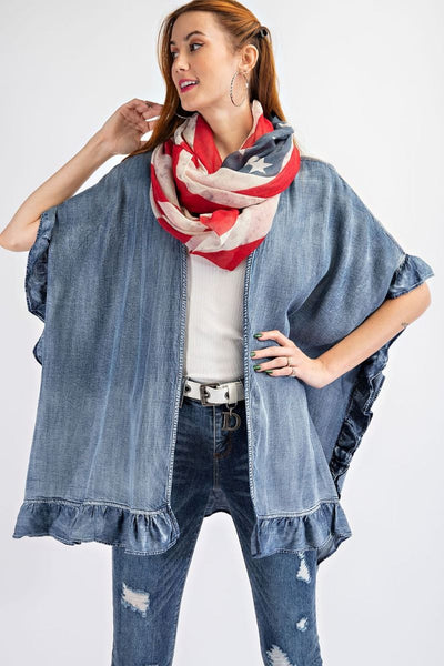 Josie Washed Ruffled Denim Cardigan - Corinne Boutique Family Owned and Operated USA