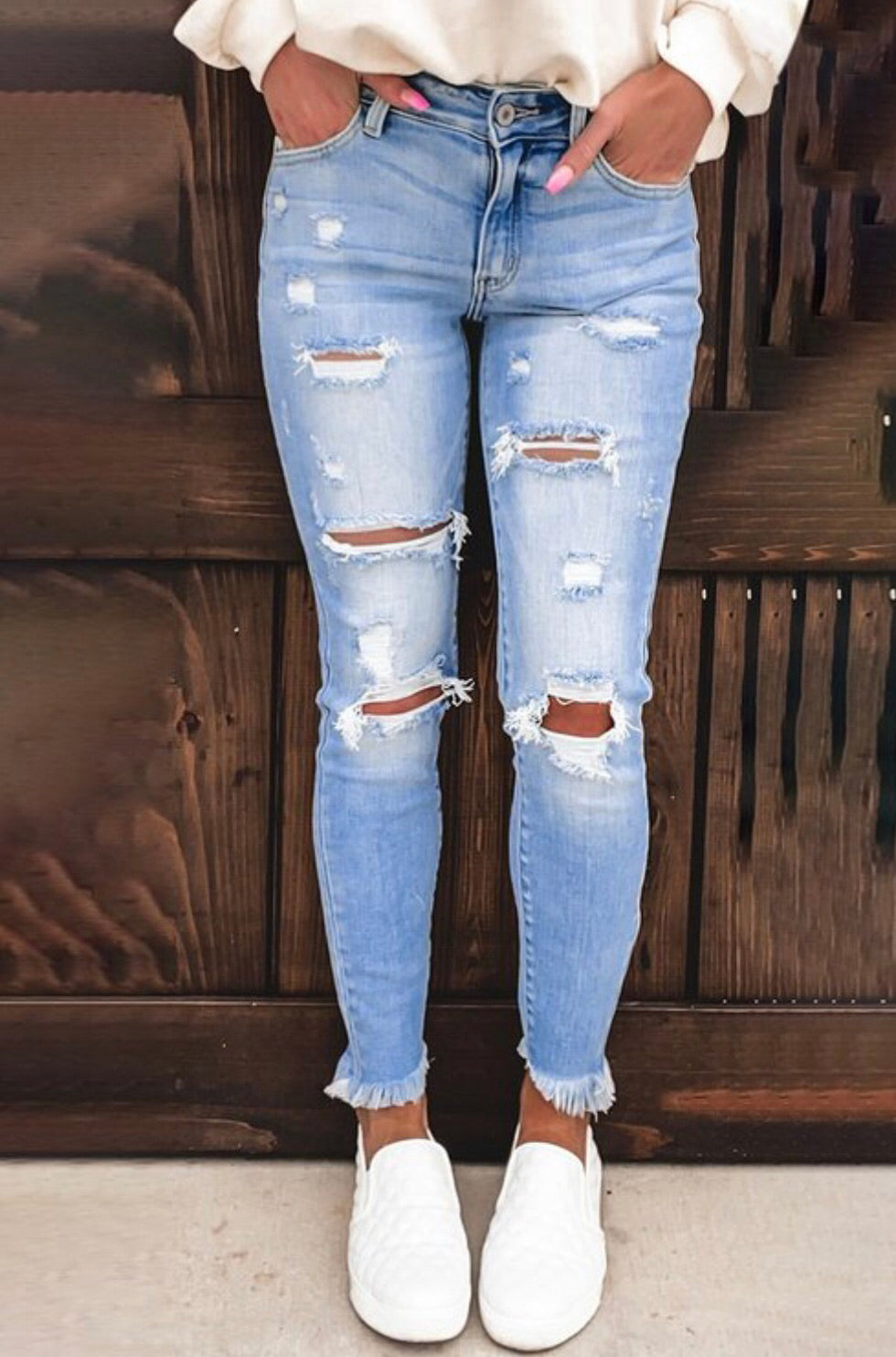 Skye Light Wash Ripped Stretch Jeans - Corinne Boutique Family Owned and Operated USA