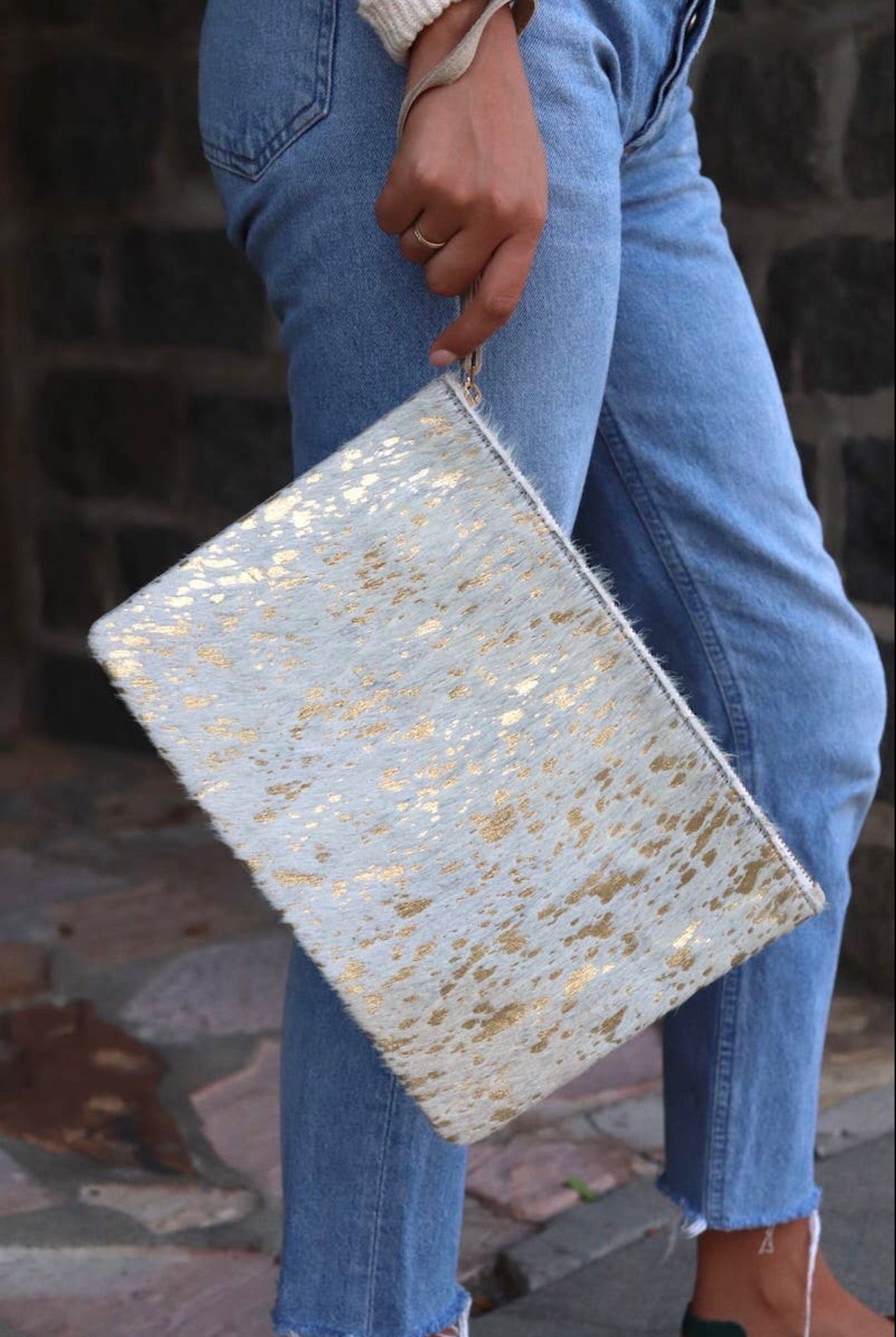 Gold Splash Cowhide Clutch - Corinne Boutique Family Owned and Operated USA