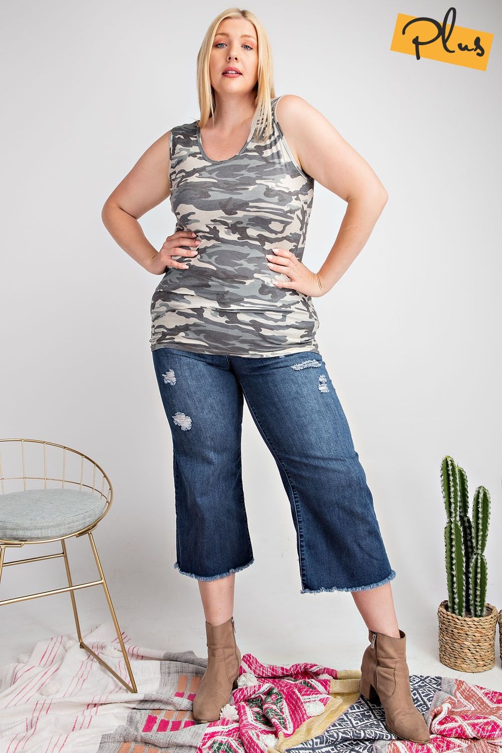 Kara Rib Knit Camo Tank Plus - Corinne Boutique Family Owned and Operated USA