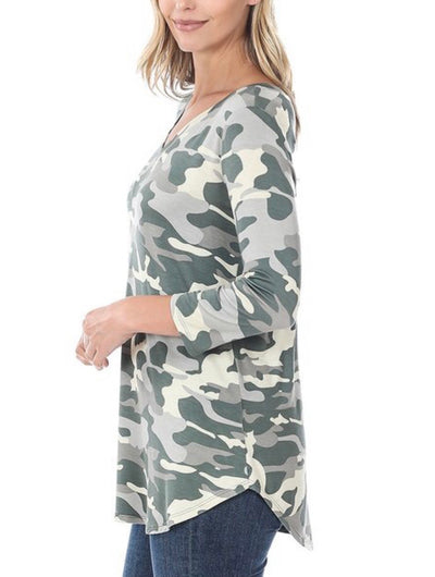Sina Camo V-neck Top - Corinne Boutique Family Owned and Operated USA