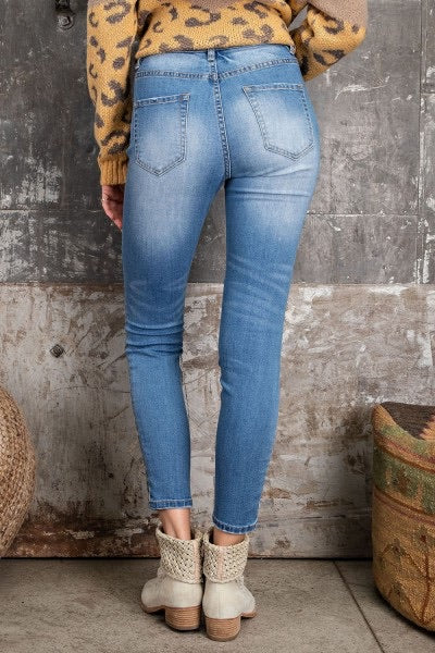 Janna Washed Denim Jeans with Leopard Trim - Corinne Boutique Family Owned and Operated USA