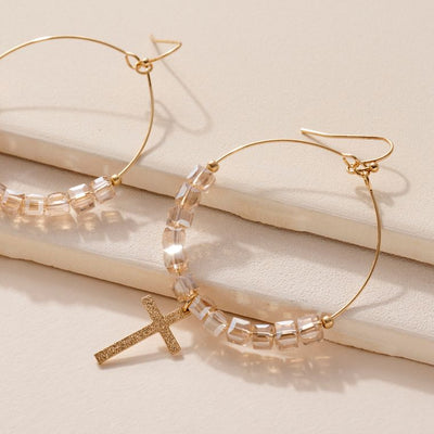 Champagne Beaded Cross Hoops - Corinne Boutique Family Owned and Operated USA