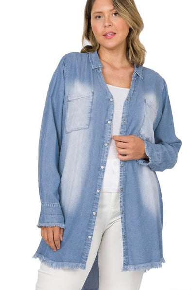 Carlie Chambray Frayed Shirt Plus - Corinne Boutique Family Owned and Operated USA