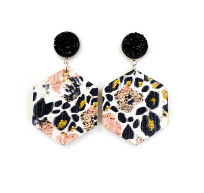 Druzy Stud & Water Pansy Leopard Leather Earrings - Corinne Boutique Family Owned and Operated USA