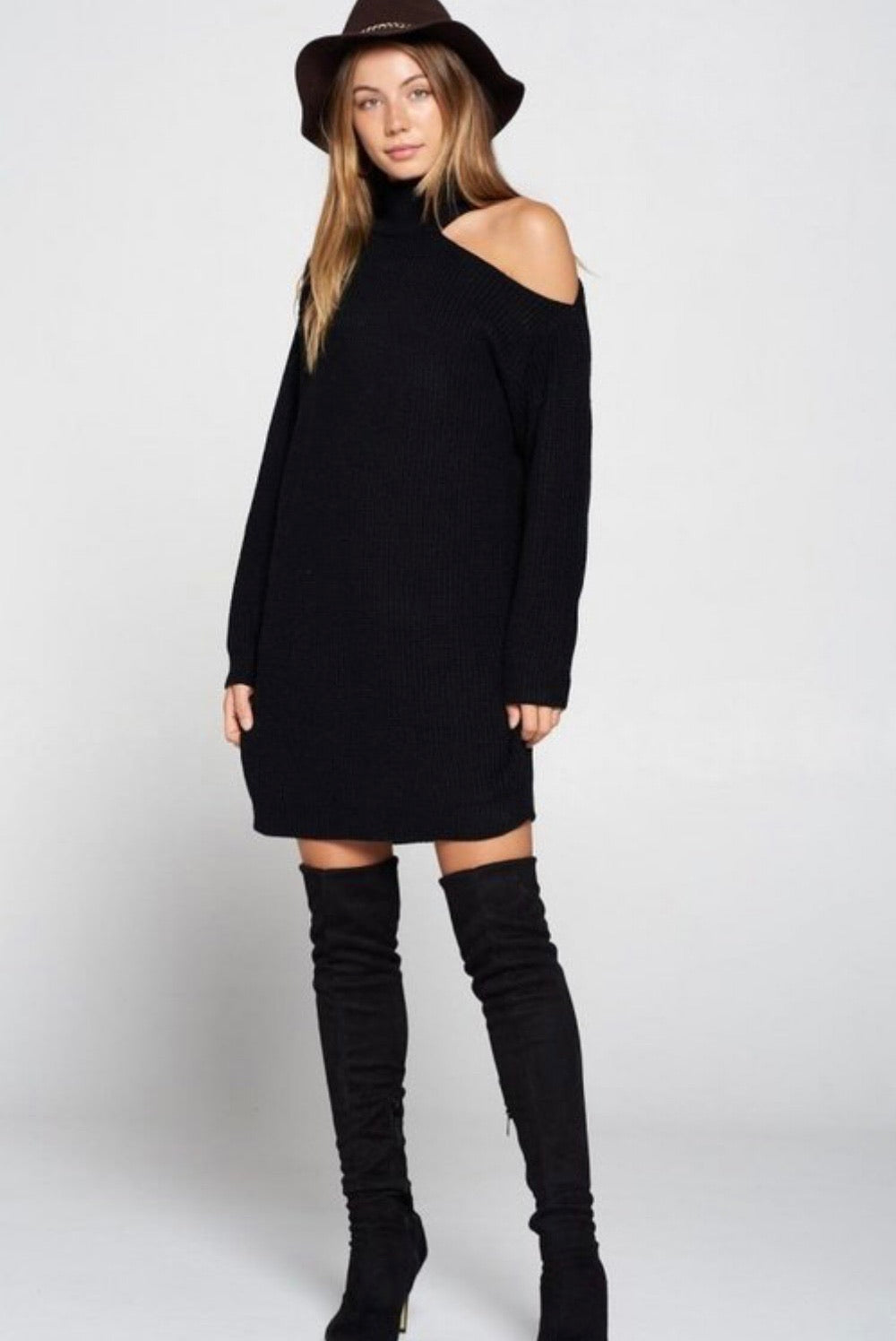 Reign Open Shoulder Sweater Dress - Corinne Boutique Family Owned and Operated USA